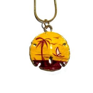 Yellow Sand Dollar Necklace with Beach Scene and Sail Boat, Valentine Gift